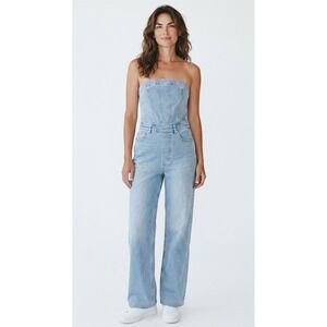 Blue Buttercup Strapless Denim Jumpsuit Light Wash Wide Leg Corset Top Large